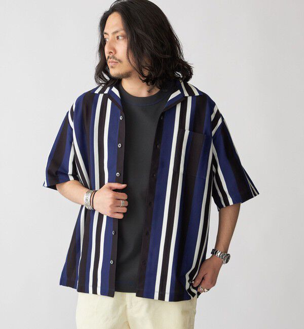 SHIPS「SHIPS:  ハニカム ストライプ オープンカラー シャツ」|シャツ・ブラウス|