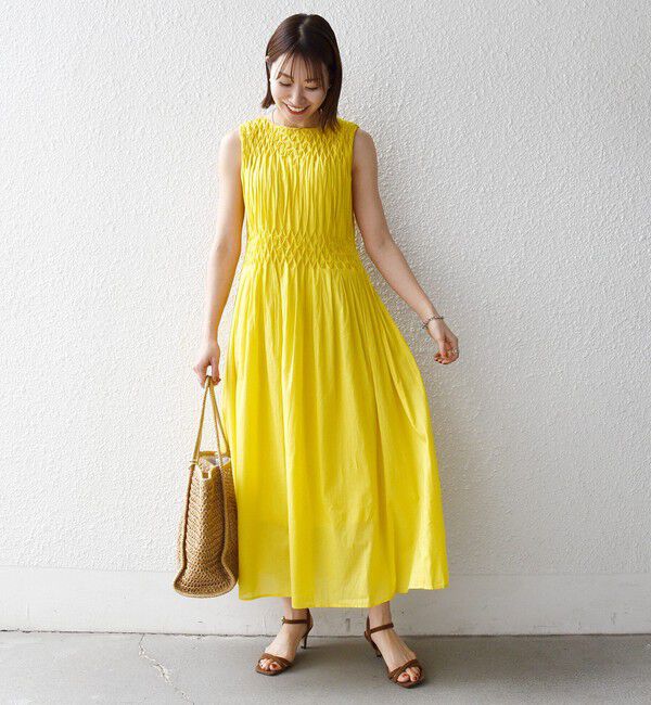SHIPS any「《一部追加予約》【WEB限定】SHIPS any: ハンドスモッキング  コットン フレア ノースリーブ ワンピース」|ワンピース|