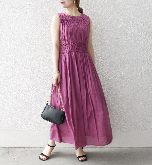 SHIPS any「《一部追加予約》【WEB限定】SHIPS any: ハンドスモッキング  コットン フレア ノースリーブ ワンピース」|ワンピース|