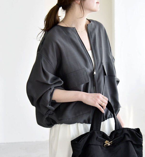 quaranciel「《追加予約》quaranciel:〈手洗い可能〉リネン ミックス ノーカラー ドロスト ブルゾン」|ブルゾン・スタジャン|