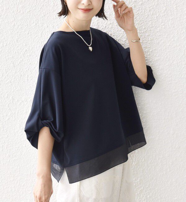 SHIPS for women「〈洗濯機可能〉袖 ツイスト デザイン シアー ドッキング TEE」|Tシャツ・カットソー|ネイビー