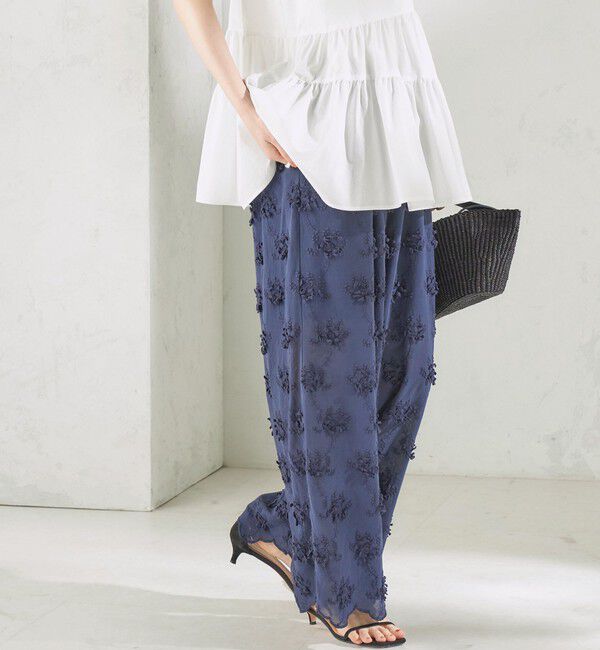 SHIPS for women「《予約》【SHIPS別注】crinkle crinkle crinkle:〈手洗い可能〉3D 刺繍 ワイド パンツ」|その他|ネイビー