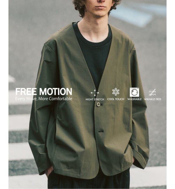 417 EDIFICE「【FREE MOTION】 カーディガンジャケット」|ノーカラージャケット|カーキ