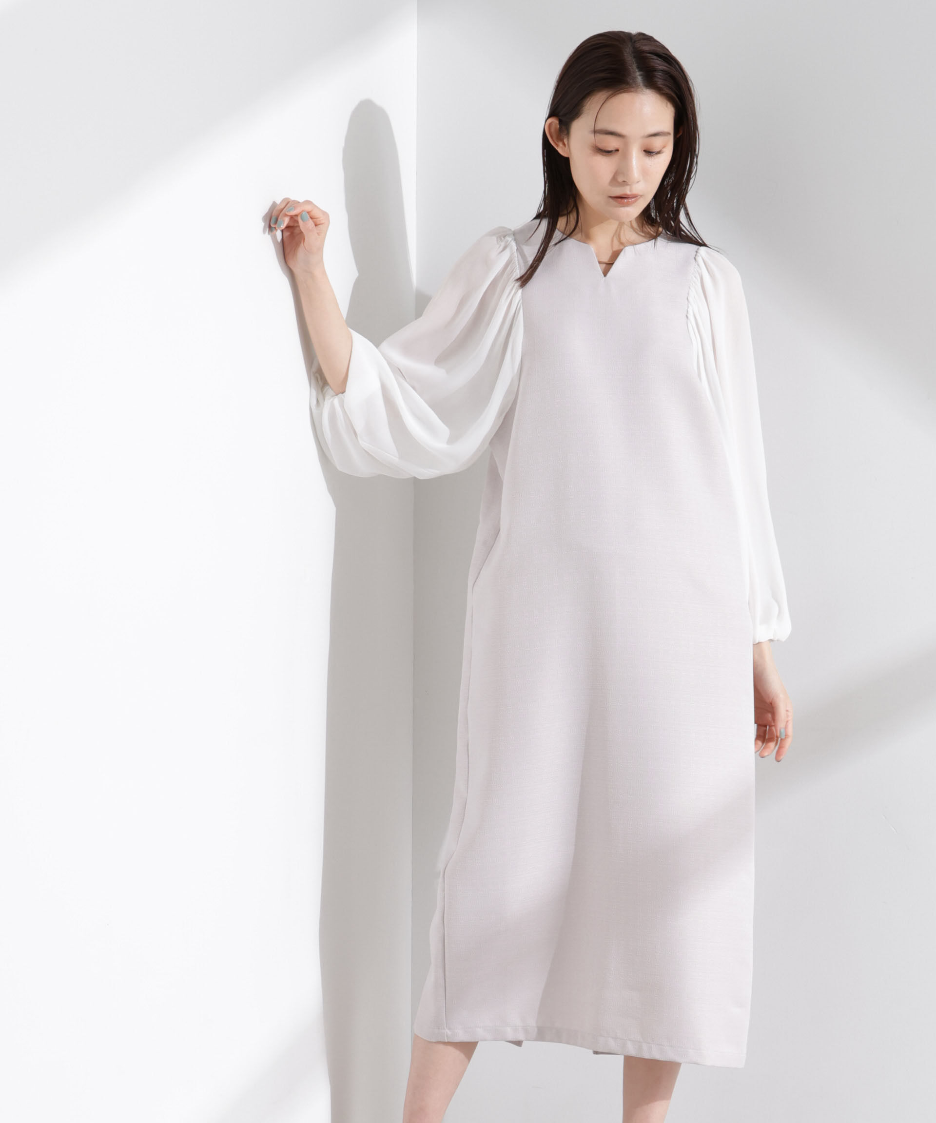 nano･universe「シアーボリュームスリーブコンビワンピース」|ワンピース|グレージュ3