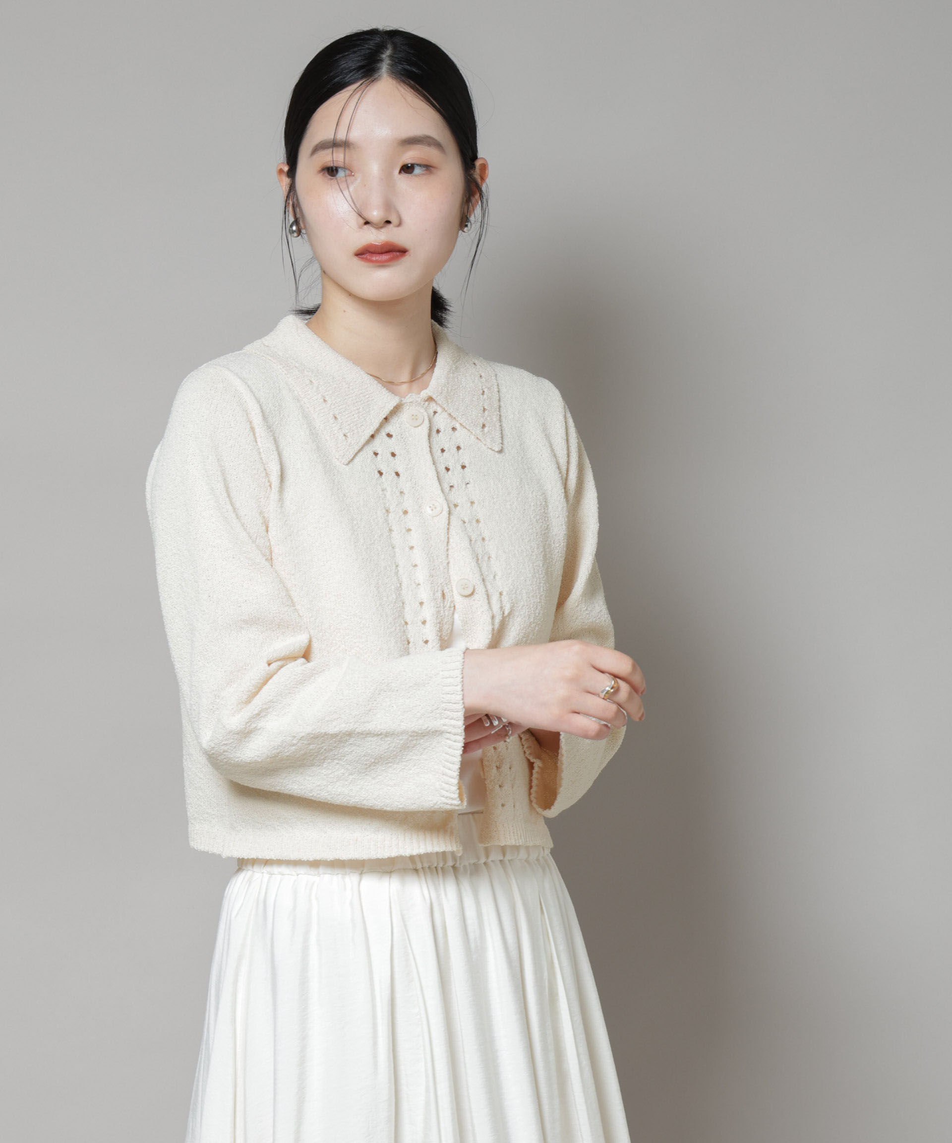nano･universe「衿付アイレットクロップドニットカーディガン」|ニット・セーター|