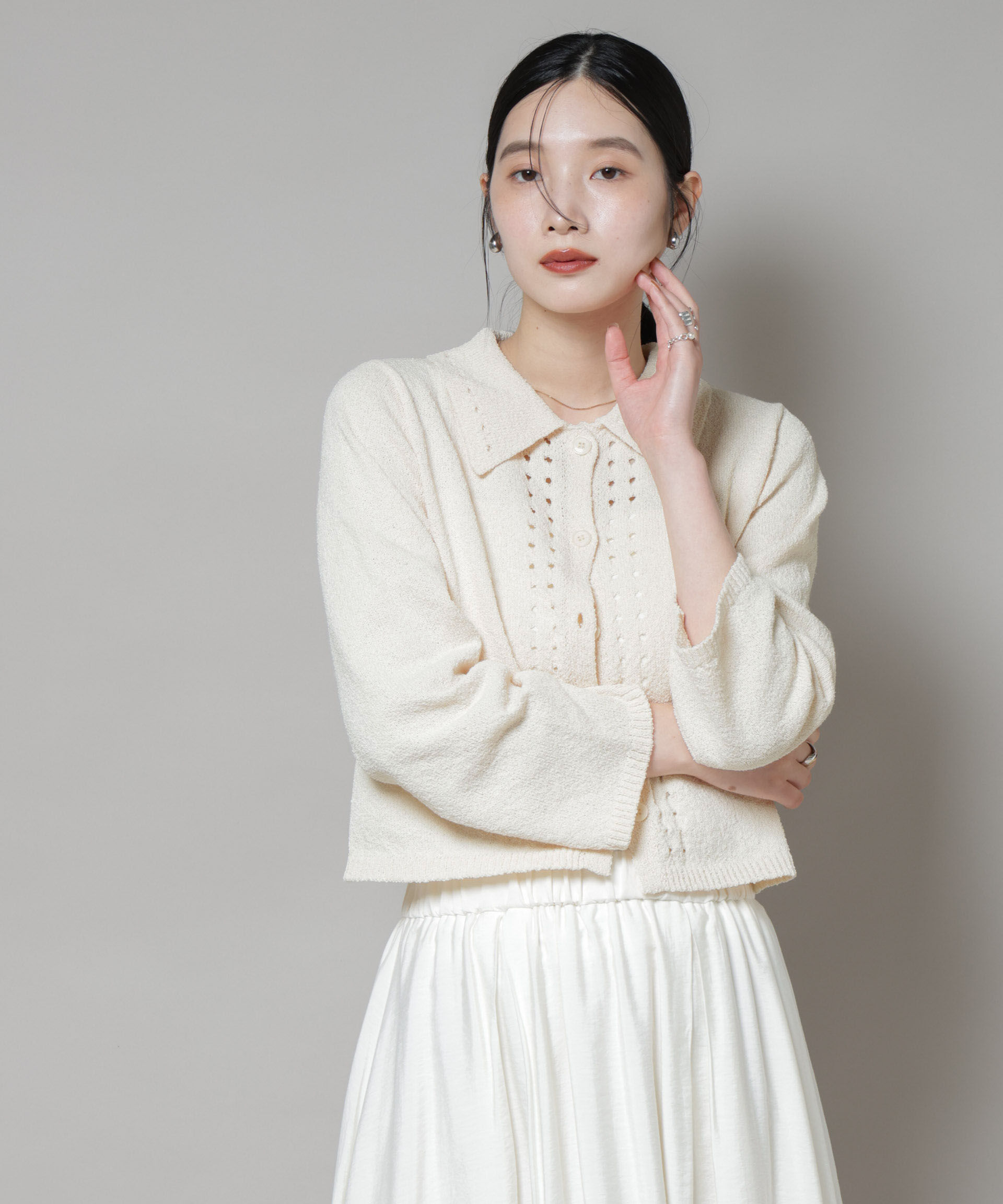 nano･universe「衿付アイレットクロップドニットカーディガン」|ニット・セーター|