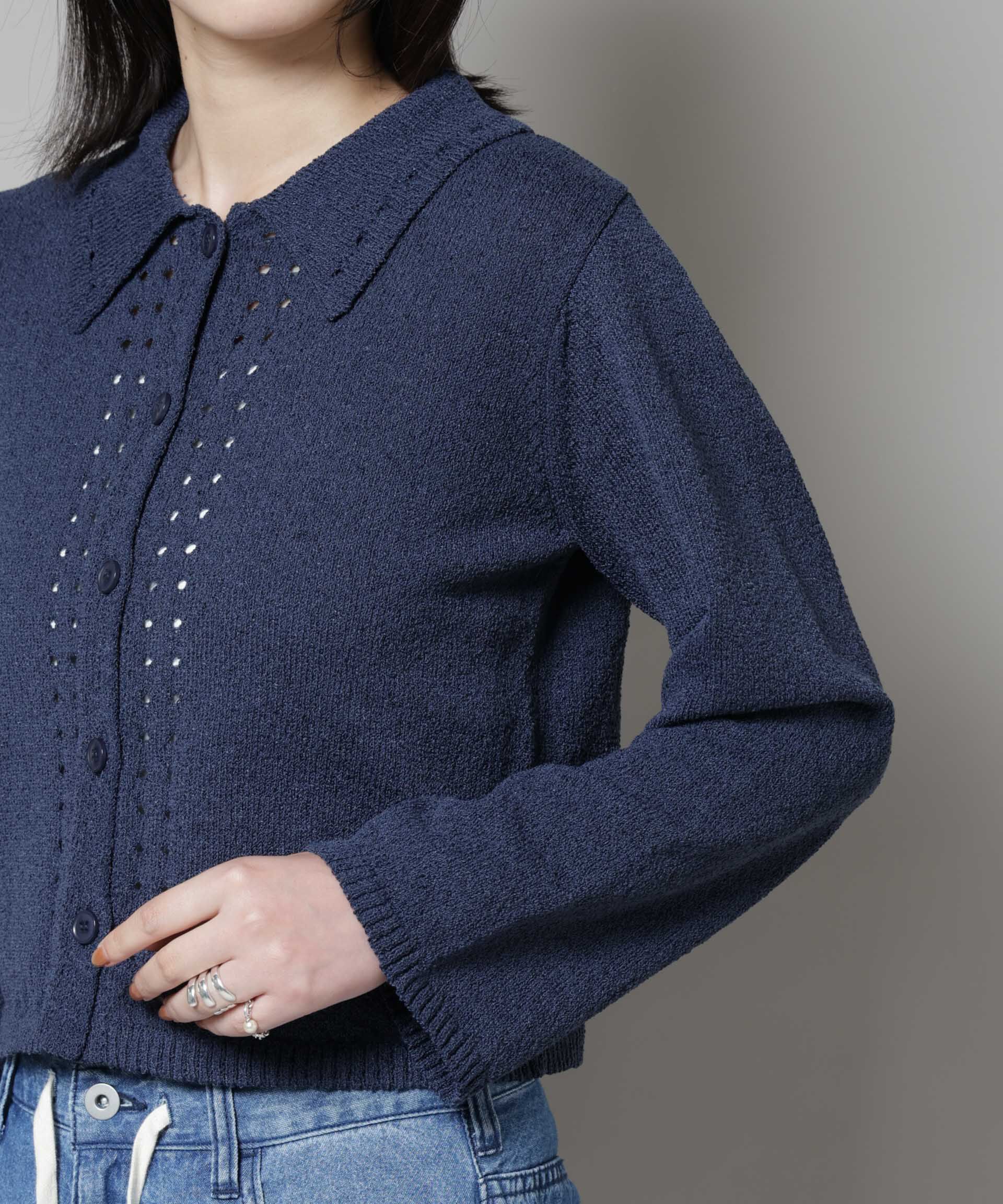 nano･universe「衿付アイレットクロップドニットカーディガン」|ニット・セーター|
