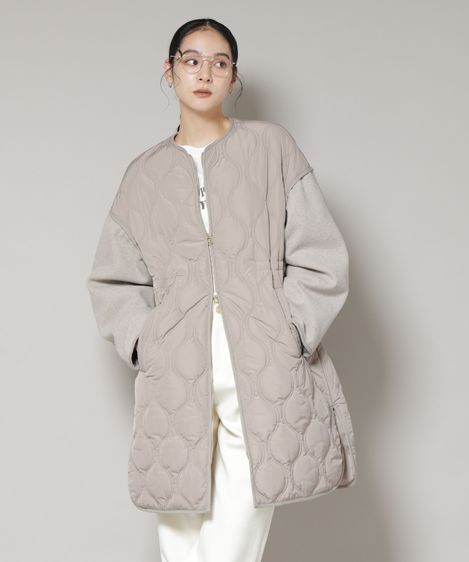 nano･universe「異素材コンビキルティングノーカラーコート」|その他|