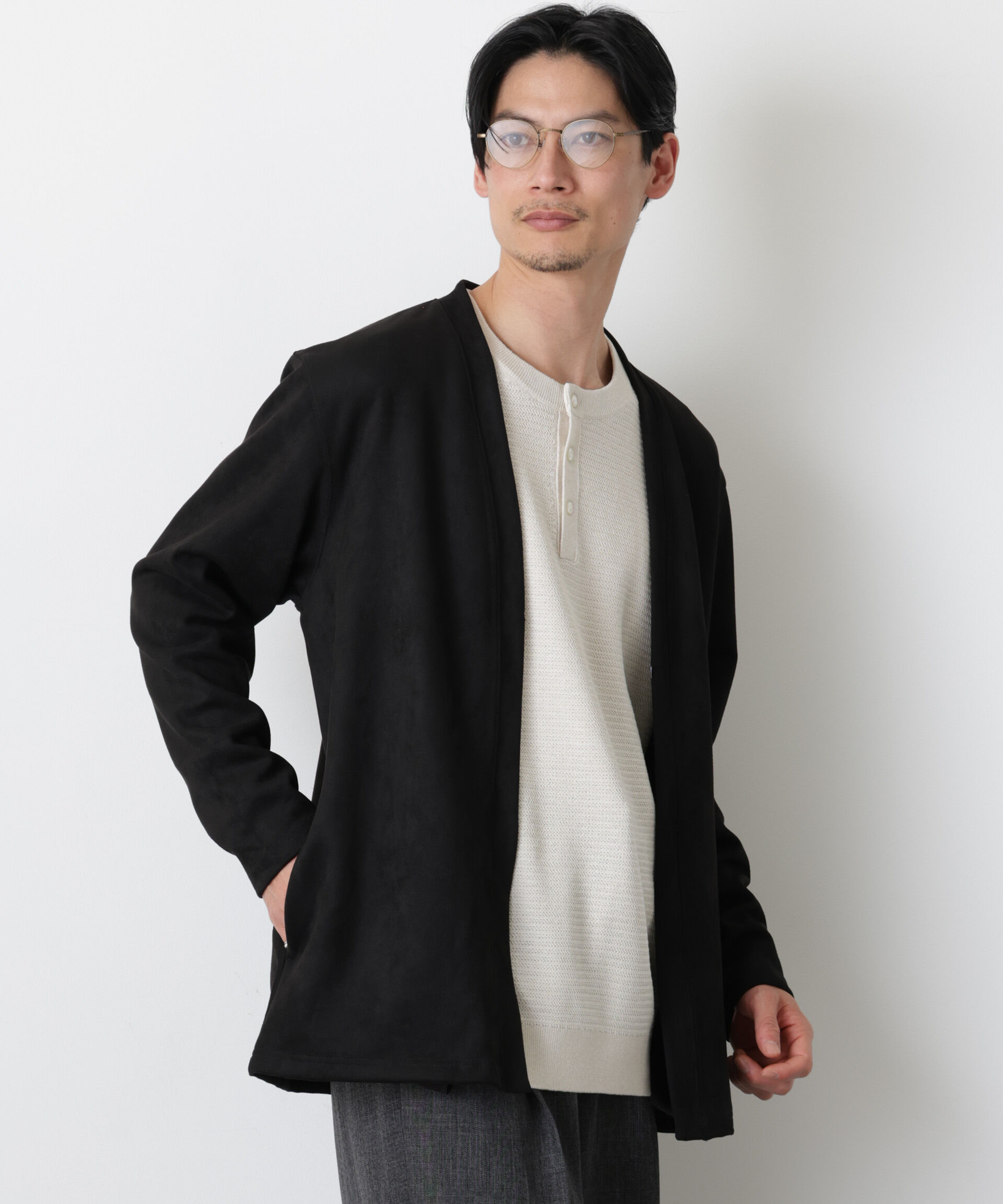 nano･universe「「モダンコンフォート」フェイクスエードトッパーカーディガン」|Tシャツ・カットソー|ブラック