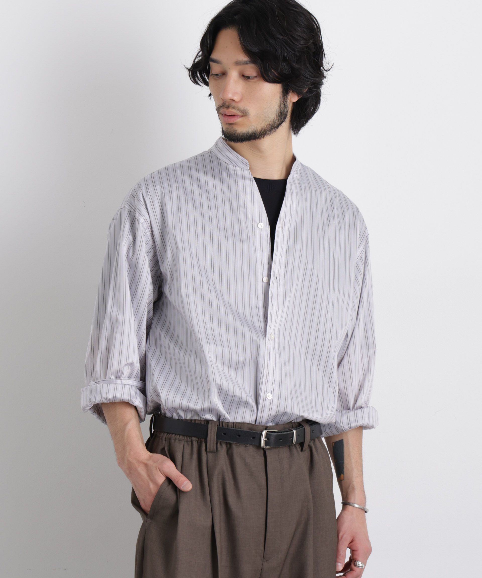 nano･universe「「OtoNANO」大人のワイドシャツバンドカラー ストライプ長袖」|シャツ・ブラウス|