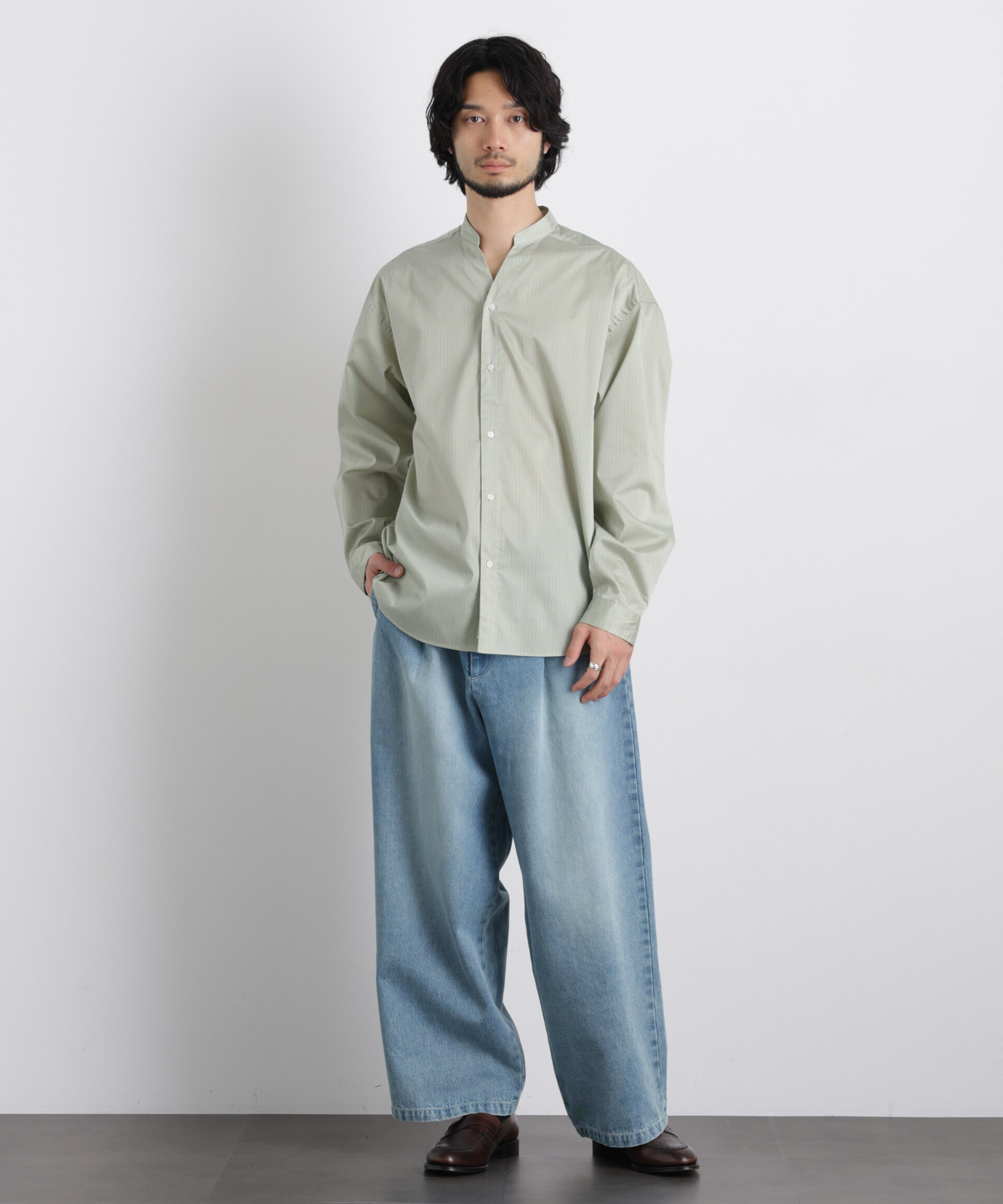 nano･universe「「OtoNANO」大人のワイドシャツバンドカラー ストライプ長袖」|シャツ・ブラウス|