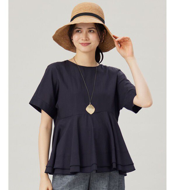 自由区「【洗える】ソフトリネンペプラム ブラウス」|シャツ・ブラウス|ネイビー