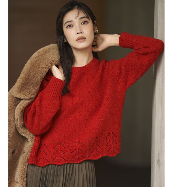 23区「【滝沢眞規子さん着用/洗える】レーシーヘムデザイン パフスリーブ ニット」|ニット・セーター|レッド系