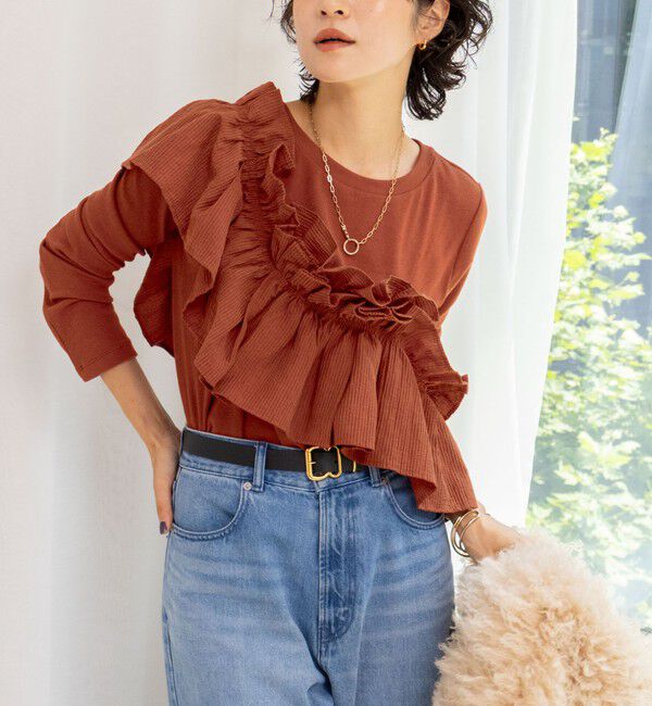 Rie Miller「3WAYリブフリルロンT」|Tシャツ・カットソー|レンガ