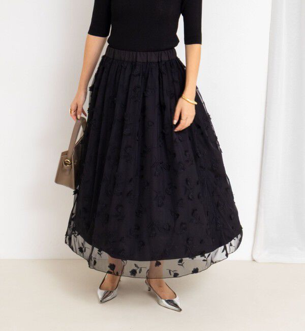 NOLLEY'S「ウォッシャブルチュール刺繍リバーシブルギャザースカート」|フレア|