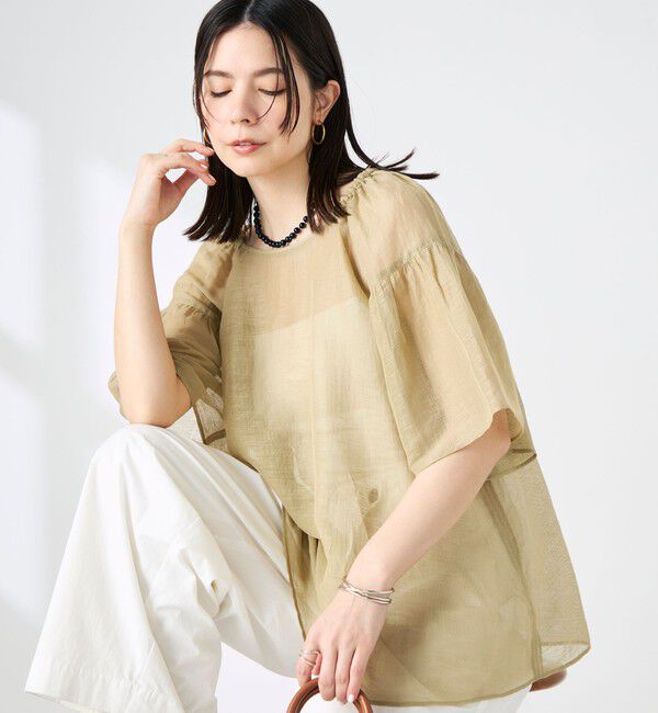 NOLLEY'S「ウォッシャブルシアーリネンカールマイヤー2WAYギャザーブラウス」|シャツ・ブラウス|カーキ