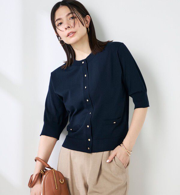 NOLLEY'S「《手洗い可能》エアリーストレッチ5分袖Cネックカーディガン」|カーディガン|ネイビー