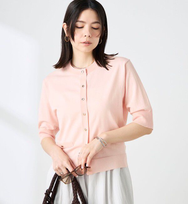 NOLLEY'S「《手洗い可能》エアリーストレッチ5分袖Cネックカーディガン」|カーディガン|ベビーピンク