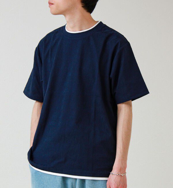 GLOSTER「【1枚でレイヤード風】ストライプジャガード フェイクレイヤーTシャツ」|Tシャツ・カットソー|ネイビー