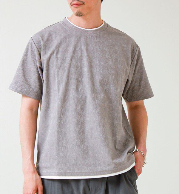 GLOSTER「【1枚でレイヤード風】ストライプジャガード フェイクレイヤーTシャツ」|Tシャツ・カットソー|ミディアムグレー