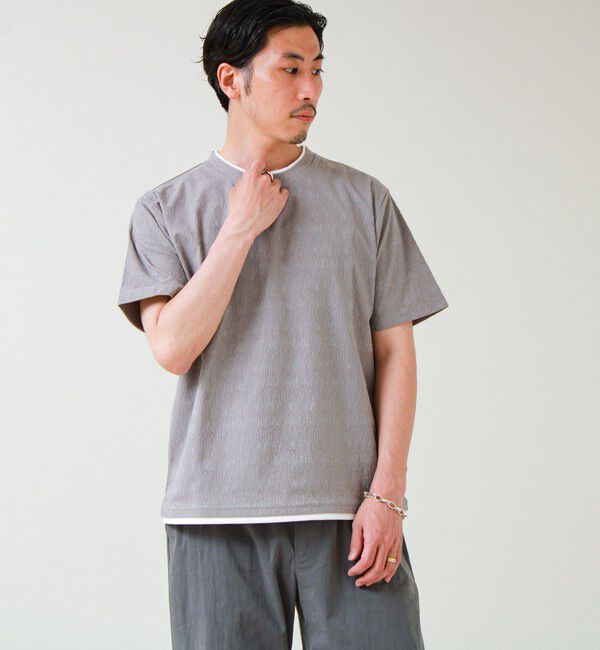 GLOSTER「【1枚でレイヤード風】ストライプジャガード フェイクレイヤーTシャツ」|Tシャツ・カットソー|