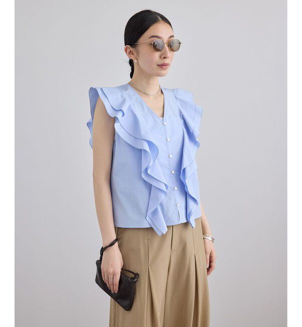 SALON adam et rope'「【WEB限定】コットンリネンタイプライターフリルブラウス」|シャツ・ブラウス|サックス(48)