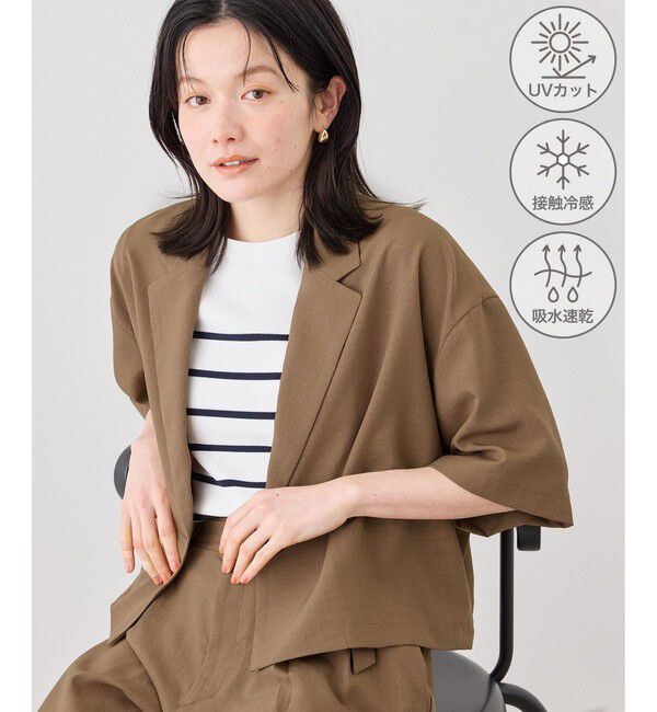 Rope&rsquo;Picnic「エアリーリネンライク ハーフスリーブジャケット/接触冷感・UVカット・速乾」|テーラードジャケット|キャメル(25)