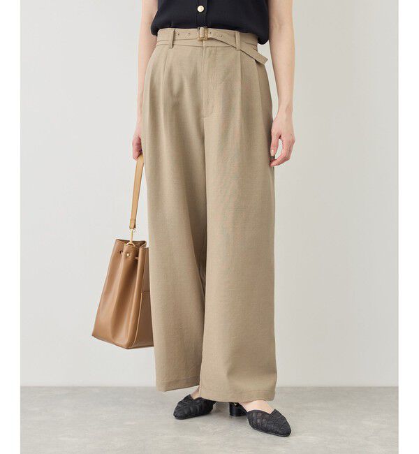 Rope&rsquo;Picnic「【cahoさんコラボ】低身長・小柄さんサイズ エアリーリネンライク タックワイドパンツ」|チノ|