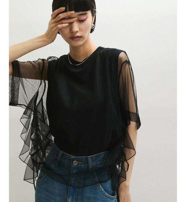 ADAM ET ROPE'「【WEB限定】・【サステナブル】・【定番】ギャザーチュールトップス」|Tシャツ・カットソー|ブラック(01)