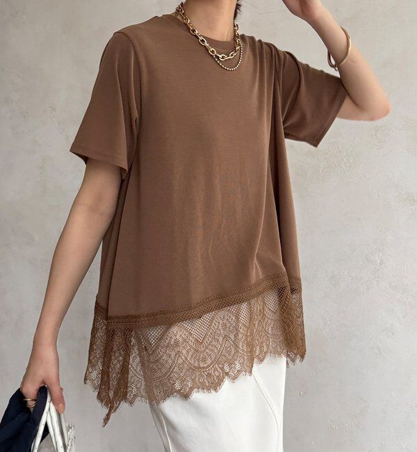  「【WEB限定】裾レース半袖トップス」|Tシャツ・カットソー|ブラウン