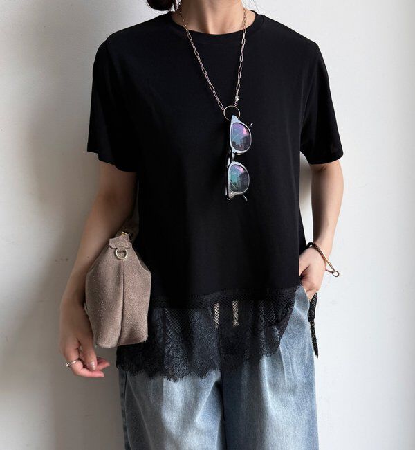  「【WEB限定】裾レース半袖トップス」|Tシャツ・カットソー|ブラック