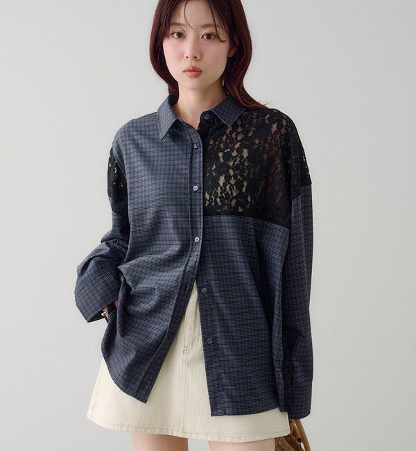  「パッチワークレースシャツ」|シャツ・ブラウス|ブラック