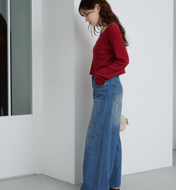  「【2サイズ展開/低身長サイズ/ウエスト調節可】カーブステッチデニム」|デニム|