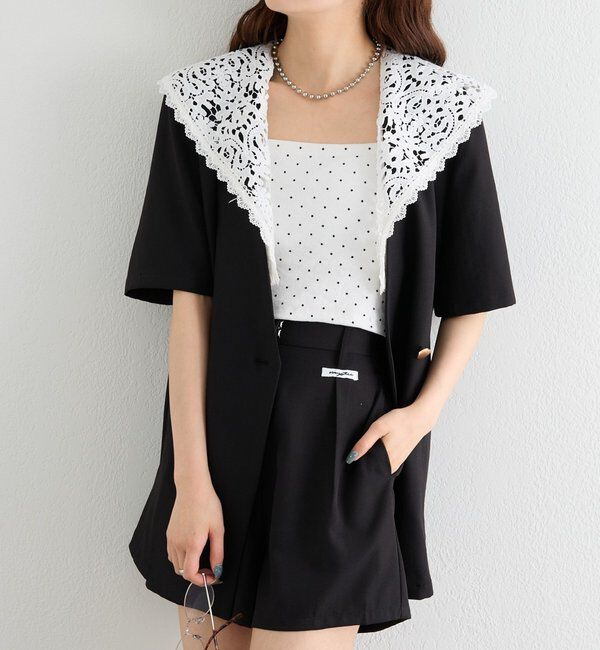  「レース付け襟半袖ジャケット」|テーラードジャケット|