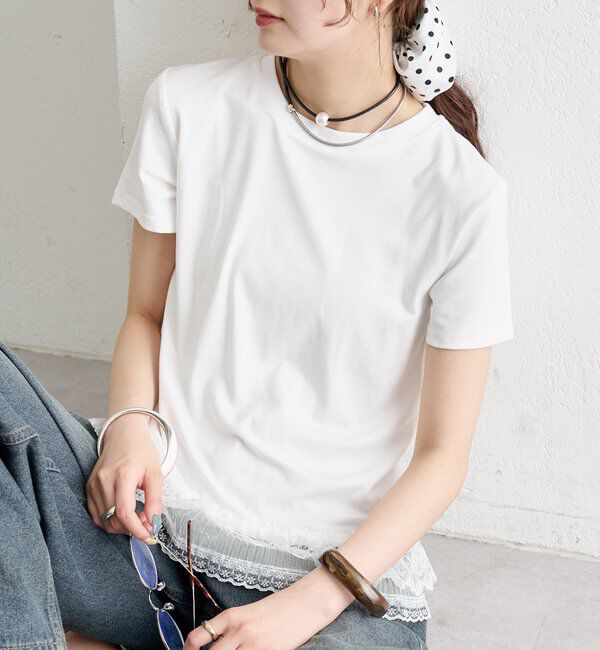  「裾レースドッキングTシャツ」|Tシャツ・カットソー|オフホワイト