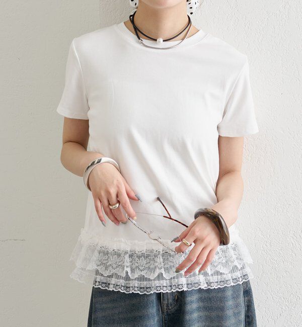  「裾レースドッキングTシャツ」|Tシャツ・カットソー|