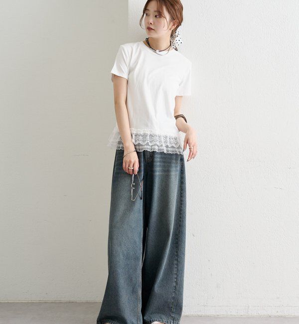  「裾レースドッキングTシャツ」|Tシャツ・カットソー|