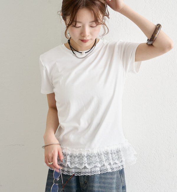 「裾レースドッキングTシャツ」|Tシャツ・カットソー|