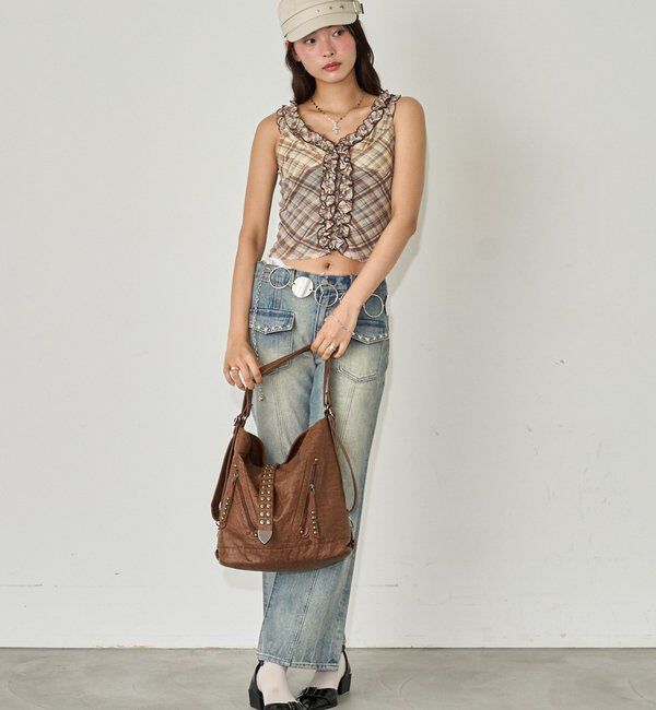  「センターフリルキャミ(チェック柄/ドット柄)」|キャミソール|