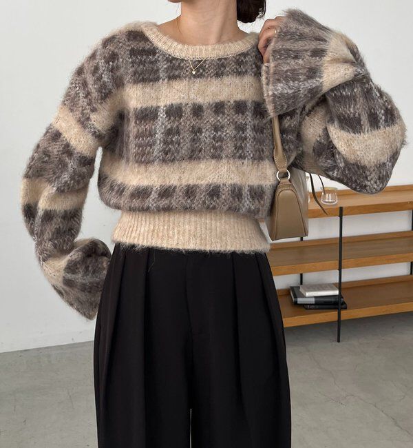  「チェックシャギープルオーバー」|ニット・セーター|