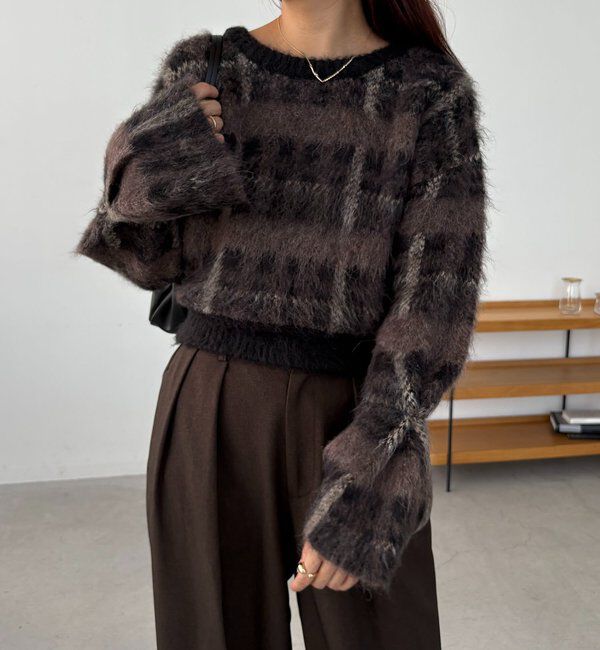  「チェックシャギープルオーバー」|ニット・セーター|ブラック