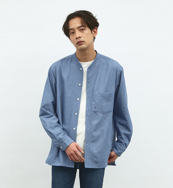 ABAHOUSE「【変形襟】シャンブレーツイル カラーレス シャツ / バンドカラーシャツ」|シャツ・ブラウス|ブルー