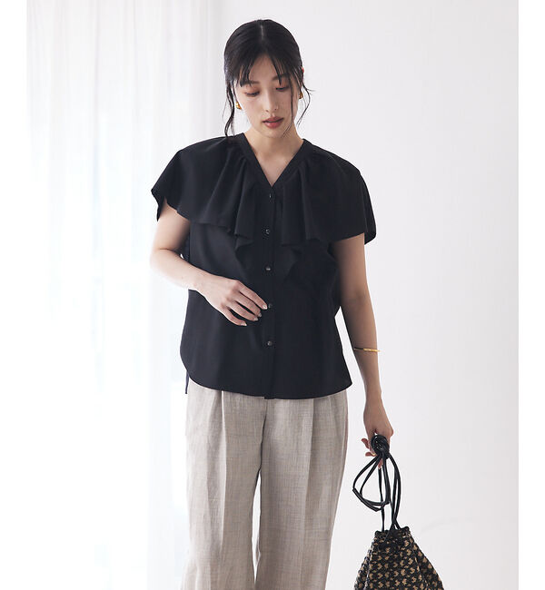 qualite「ラッフルカラーVネックブラウス」|シャツ・ブラウス|ブラック