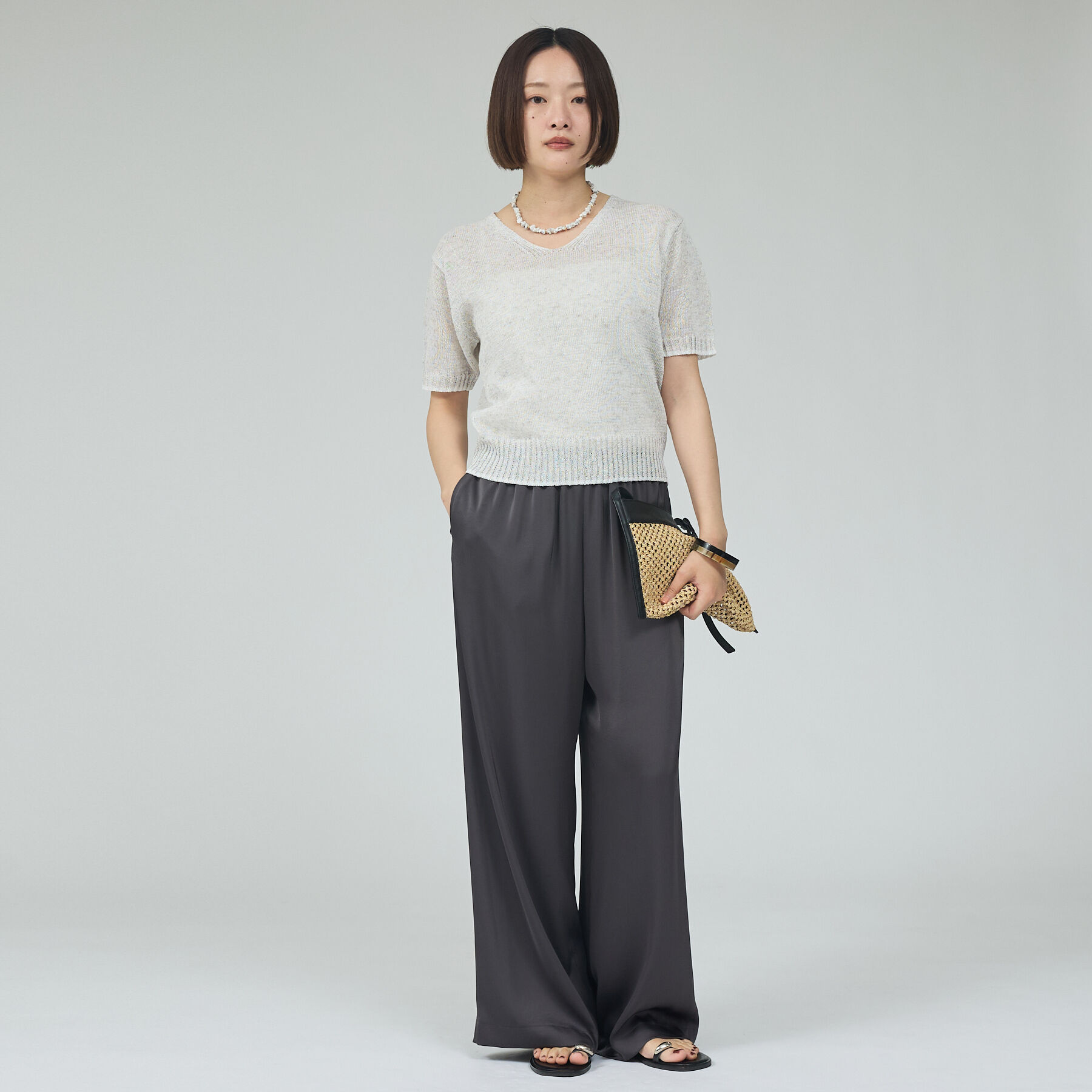 qualite「カラーポリリネンVネックニット【予約】」|ニット・セーター|