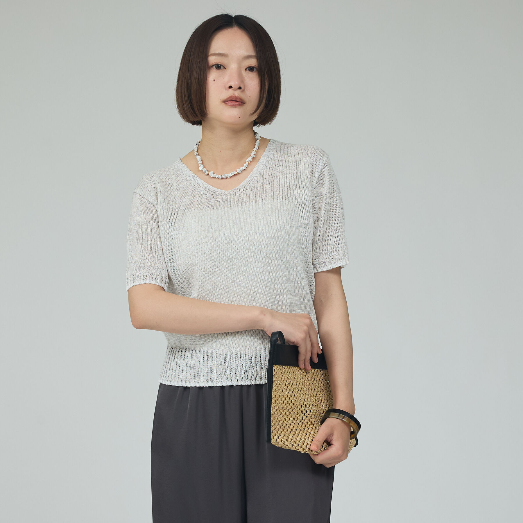 qualite「カラーポリリネンVネックニット【予約】」|ニット・セーター|