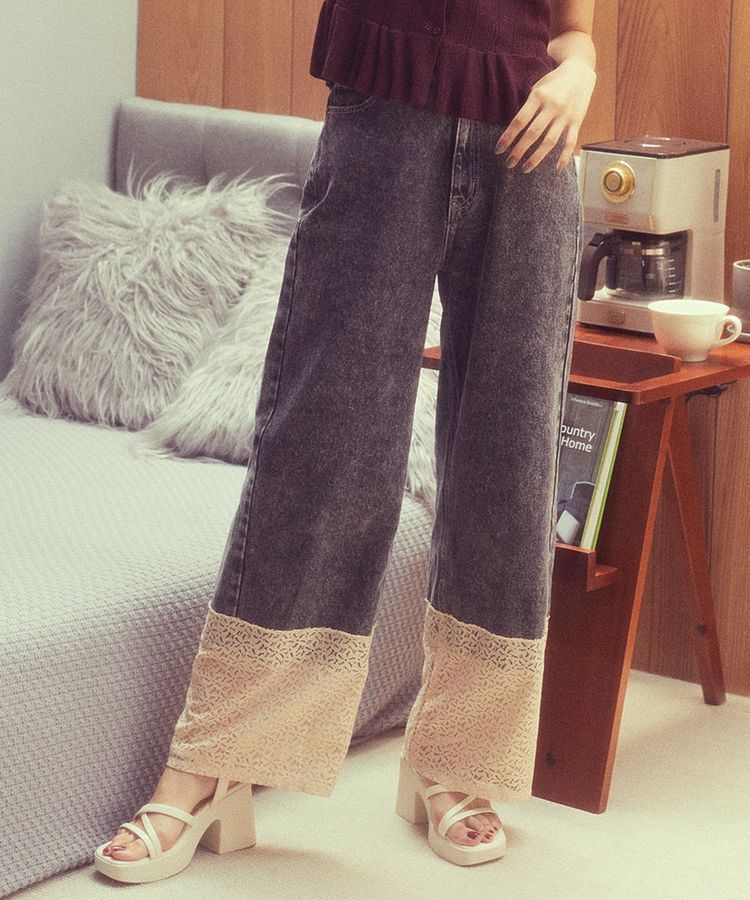 earth music&ecology「裾レースデニムパンツ」|デニム|