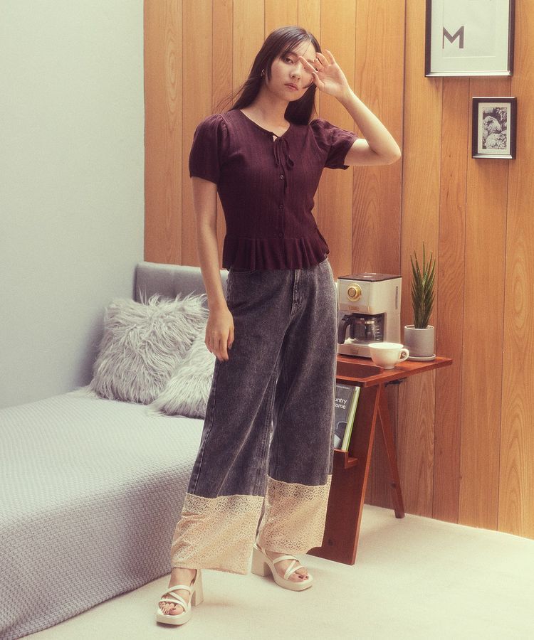 earth music&ecology「裾レースデニムパンツ」|デニム|