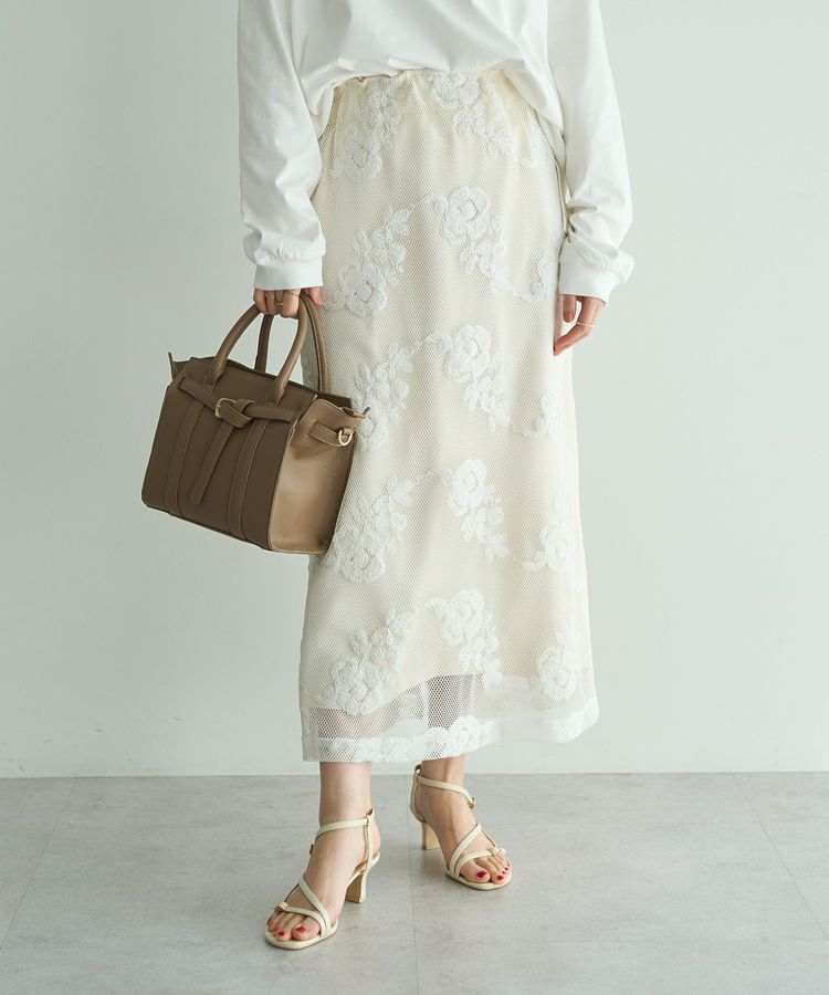 YECCA VECCA「フラワー柄刺繍メッシュスカート」|スカート|