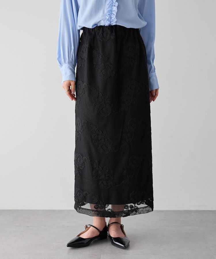 YECCA VECCA「フラワー柄刺繍メッシュスカート」|スカート|Black