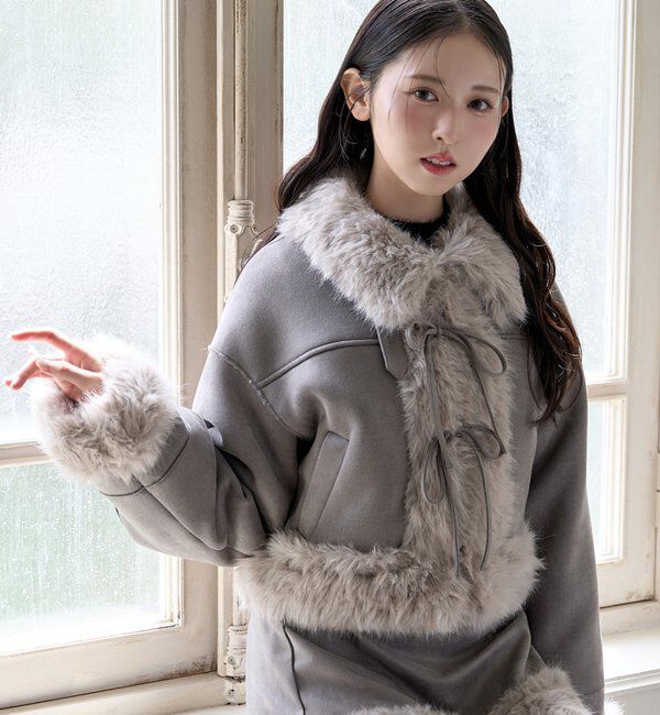  「【リボン取り外し可能】フェイクムートンリボンアウター」|ダウンベスト・ベスト|